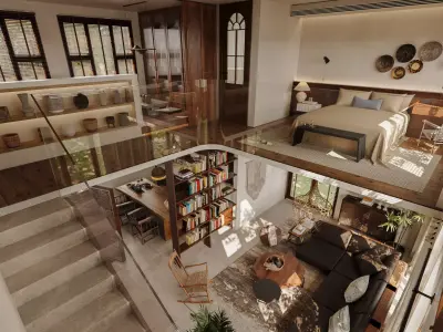 Wabi-sabi style living room dining room and bedroom 3D model