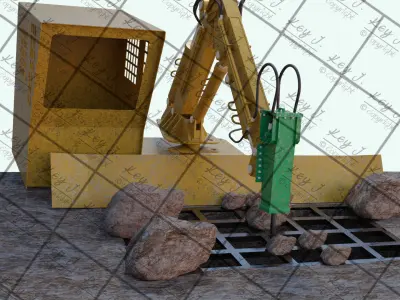 Mining stationary hydraulic rock breaker with operator cabin 3D model