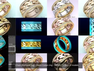 Chain Diamond ring - Miami Cuban ring - N8530 - 4 Size 3D Model Collection
