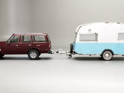 Aged Toyota land Cruiser J60 and Classic Camping Caravan 3D model