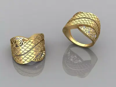 Wide gold Filigree Ring - laser cut lattice jewelry design 3D print model