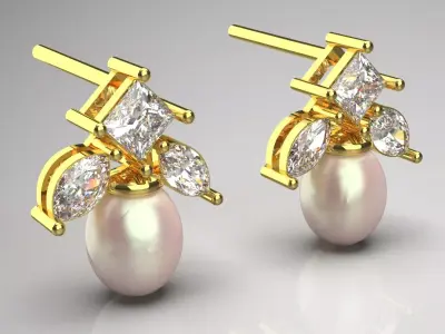Pearl and Diamond Dangle Stud stl Earrings Model pe0051 3D print model