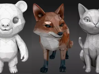 Cat Fox And Bear Three Model Animal Model 3D Print Ready Low-poly 3D model