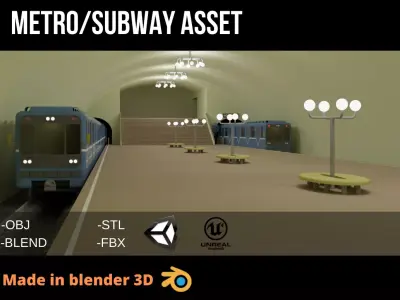 Metro station and train Low-poly 3D model