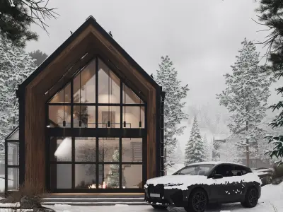 Modern A-Frame Winter Cabin - Full Exterior Scene 3D model