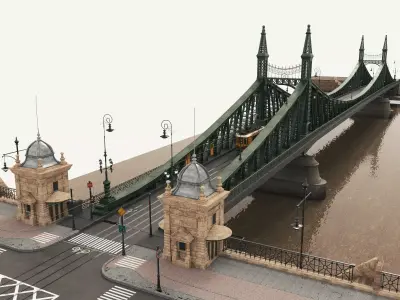 Vintage Steel Arch Bridge with Tram Tracks Low-poly 3D model