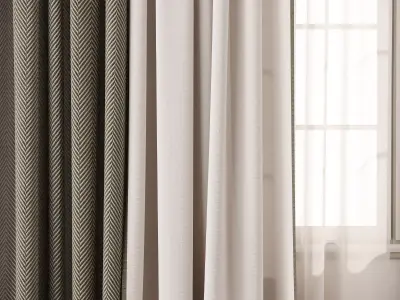  Herringbone Contrast Curtain Set with Beige Drapes and Trim 3D model