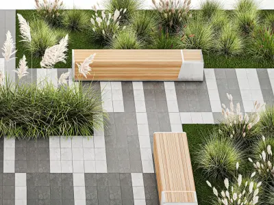 Bushes And A Bench With Paving Slabs For An Urban 1151 3D model