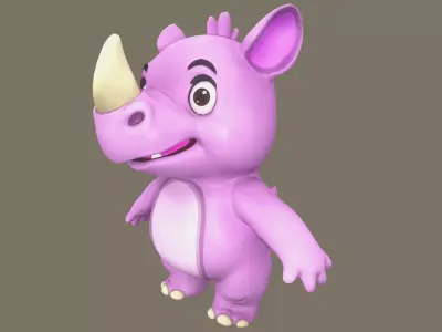 Rigged Pink Cute Playful Rhino Low-poly 3D model