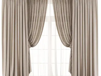Cream Linen Double Layer Curtains 86 3D model