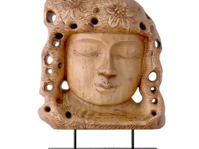Hand-Carved Teak Buddha Head Statue 3D model