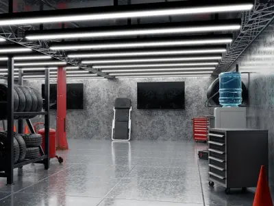 Pitlane garage Workshop warehouse gameready kit scene for render Low-poly 3D model