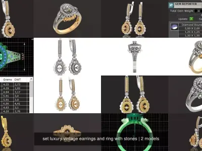 set luxury vintage earrings and ring with stones 3D Model Pack