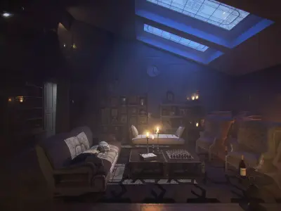 Sunset moody old acient rustic classic living room interior  3D model