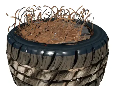 Worn Tire Planter Dry Grass Low-poly 3D model