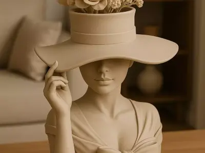Elegant Woman Planter Sculpture Lady with Hat Flower Pot  3D print model