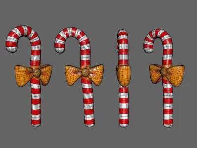 Candy Cane 04 with Bow 3D Model Christmas Decor Low Poly  Low-poly 3D model