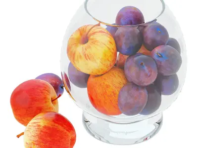 Apples and Plums in a Round Glass Vase 3D model