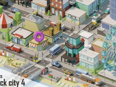 City low Poly 4 Tile pack  Low-poly 3D model