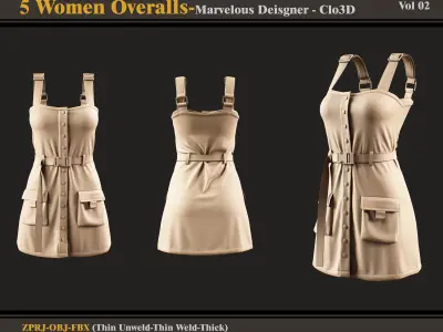 5 Women Overalls-Marvelous Designer-Clo3D-FBX-OBJ 3D model