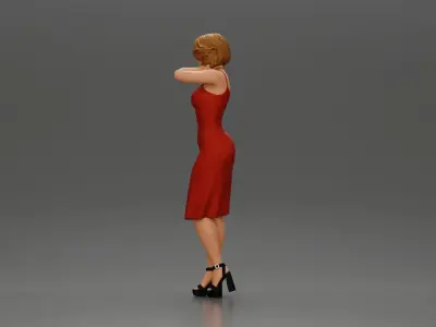 Girl in mini dress and heels with short hair places hand on neck 3D print model