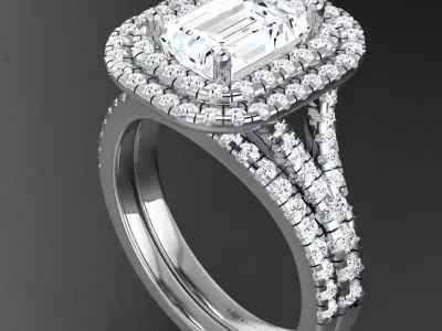 Luxury Gold Engagement Ring Set With Double Halo Diamonds 3D print model