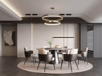Modern Luxury Dining Room Circular Chandelier Mixed Chairs 3D model