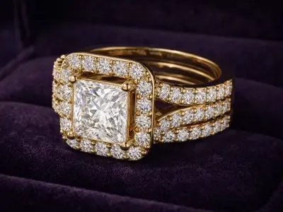 Princess Diamond Halo Engagement Ring Bridal Set 3D print model