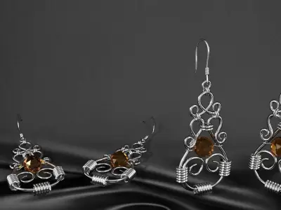 earrings silver with citrine gemstones 3D model