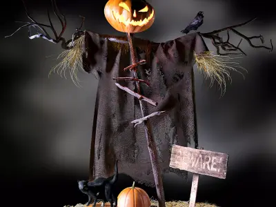 Halloween Scarecrow Decor with Pumpkin Head and Spooky Elements 3D model
