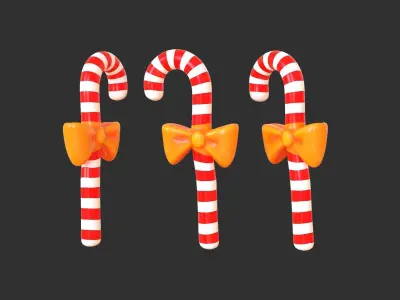 Candy Cane 04 with Bow 3D Model Christmas Decor Low Poly  Low-poly 3D model