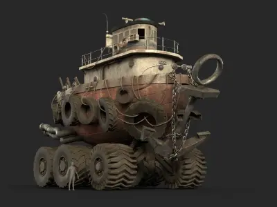 Post Apocalyptic Tugboat Truck  Hybrid Vehicle 3D Model Low-poly 3D model