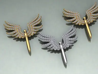 pendant gold angel wings brooch with diamonds 3D print model