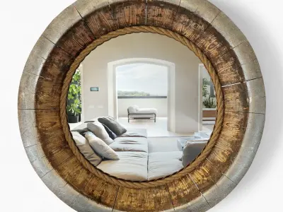 Vintage Wood Barrel Bowl Mirror 3D model