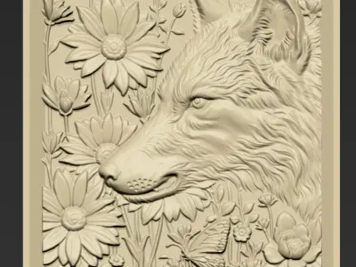 Wolf Head and Flowers A47 3D print model