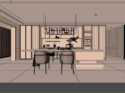 Modern Luxury Kitchen and Dining Space with Wine Display 3D model