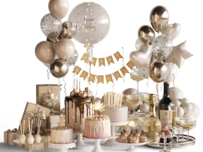 Birthday Holiday Decoration with cakes and balloons and gifts 3D model