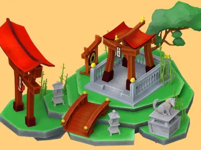 set of oriental assets Japanese environment Low-poly 3D model