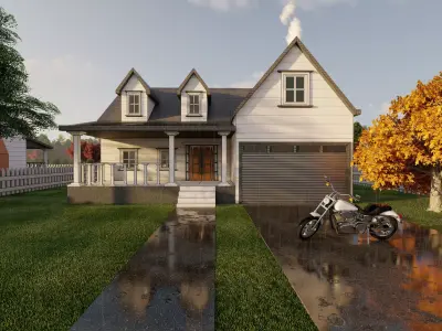 3D Villa 7 Model house with motorcycle parked in front 3D model