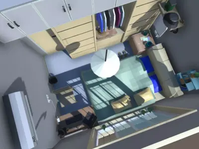 Low poly Bedroom room with closet and clothes Low-poly 3D model