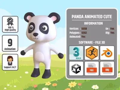 High-Quality 3D Cute Panda - Animated for Games Low-poly 3D model