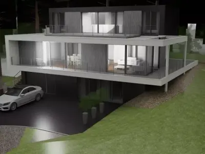 A modern mountain villa  Low-poly 3D model