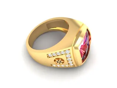 Luxury Red Gemstone Men Ring 3D Model with Side Diamonds 125 3D print model