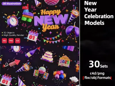 New Year Chirstmas Celebration 3D Models Sets Party Decoration 3D model