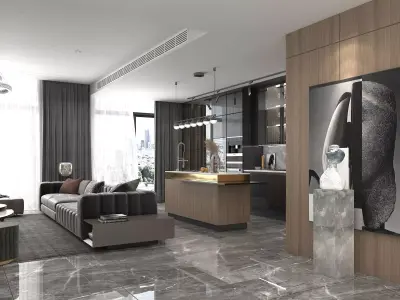 Living Room and Kitchen Scene 3D model