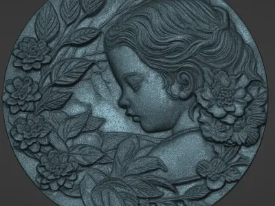3d sculpture of a young girl with flowers 3D print model