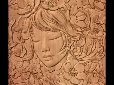 Japanese anime girl with flowers4 CNC 3D model 3D print model