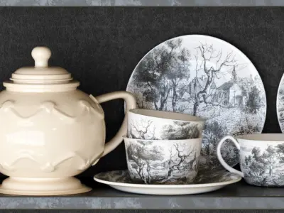 Set-143 tea cups and saucers on shelf 3D model