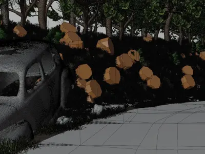 Old car scene with landscape style environment  Low-poly 3D model