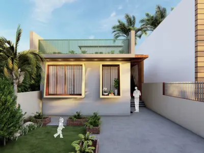 Exterior Render - 3D Model modern house with car Low-poly 3D model